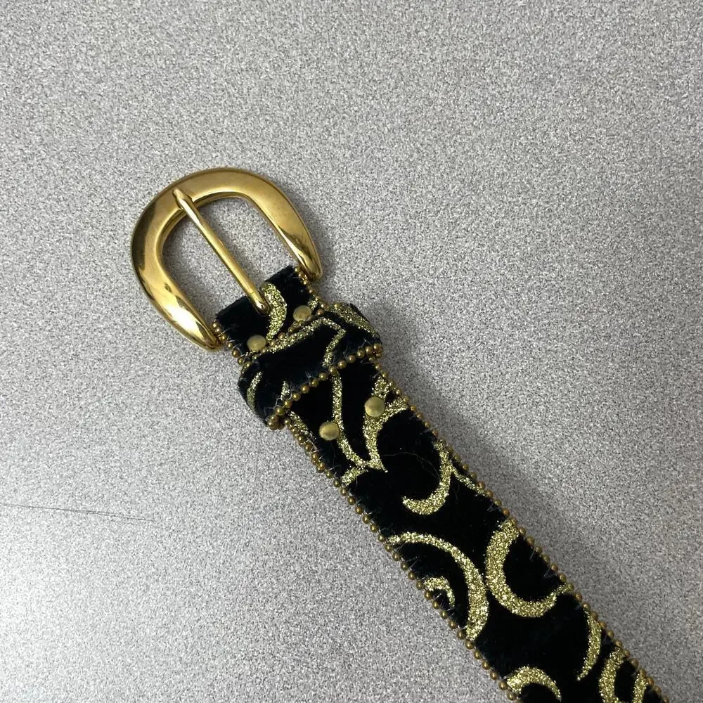 Vtg Elite Belt Womens L Velvet Gold Buckle 1.25in Metallic Chain Trim Floral